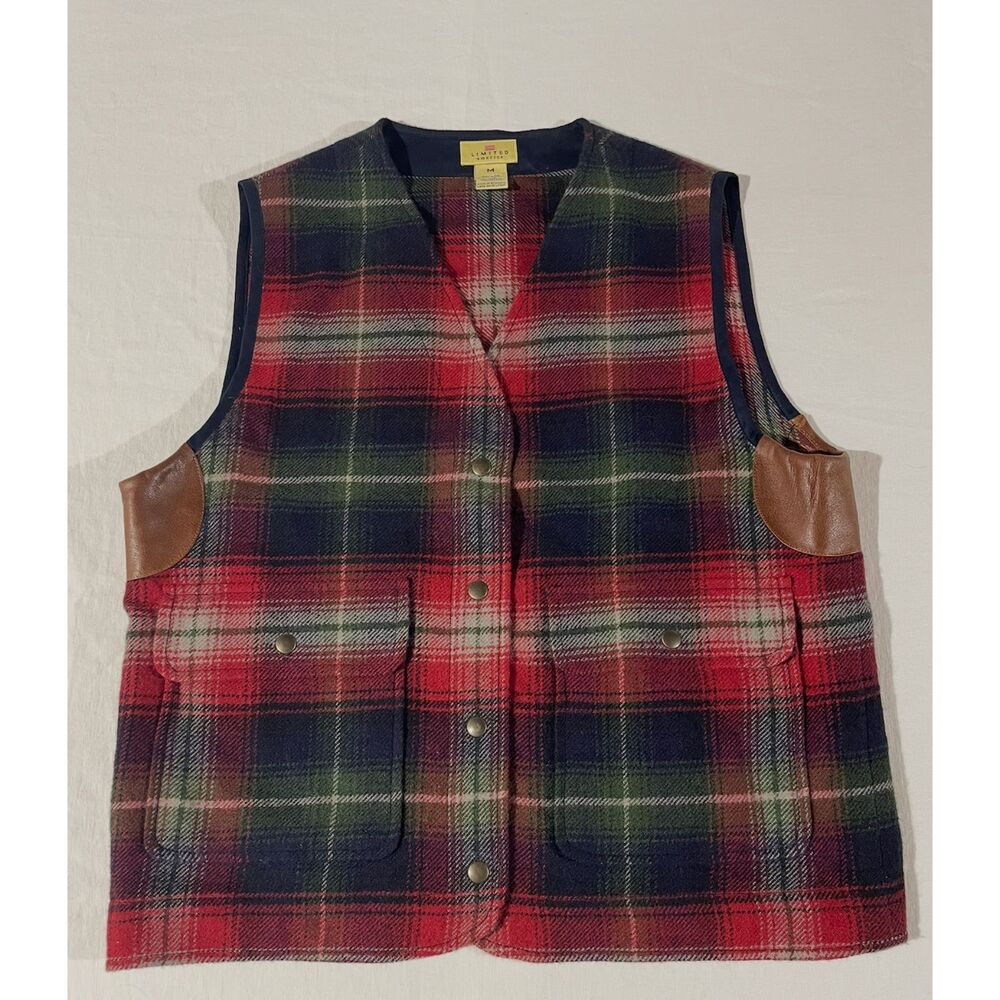 Vintage 90s Limited America Wool Tartan Plaid Vest M Leather Trim Dark Academia